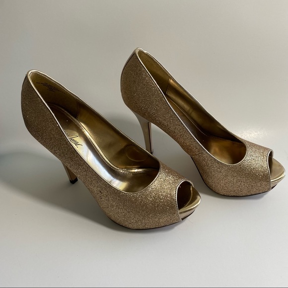 Gold Glittery Stiletto Jacqueline Ferrar Open Toe Heels Sz 7 - Picture 7 of 10